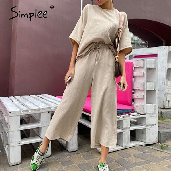 

women's tracksuits simplee solid casual short sleeve suit home trousers loose street style round neck two piece set 2021, Gray