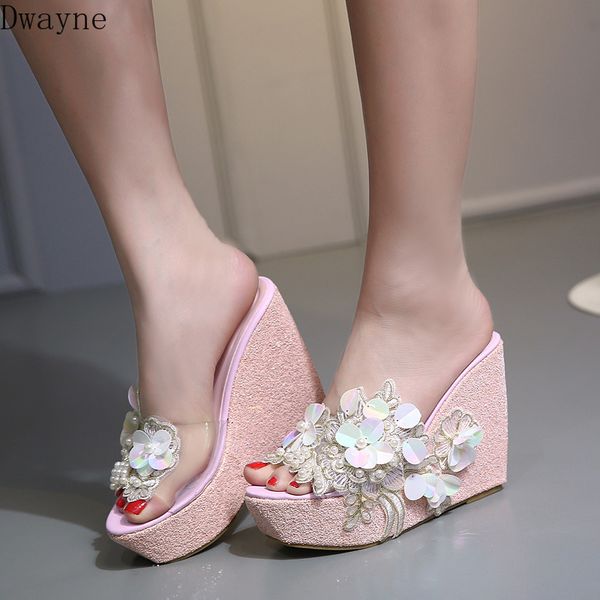 

2020 new fashion sweet lace beads thick bottom non-slip super high slope heel slippers children, Black