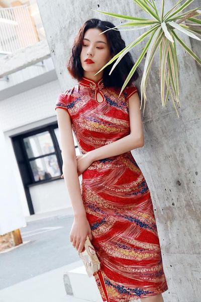 

summer short sleeve chinese lady party dress modern qipao, Red