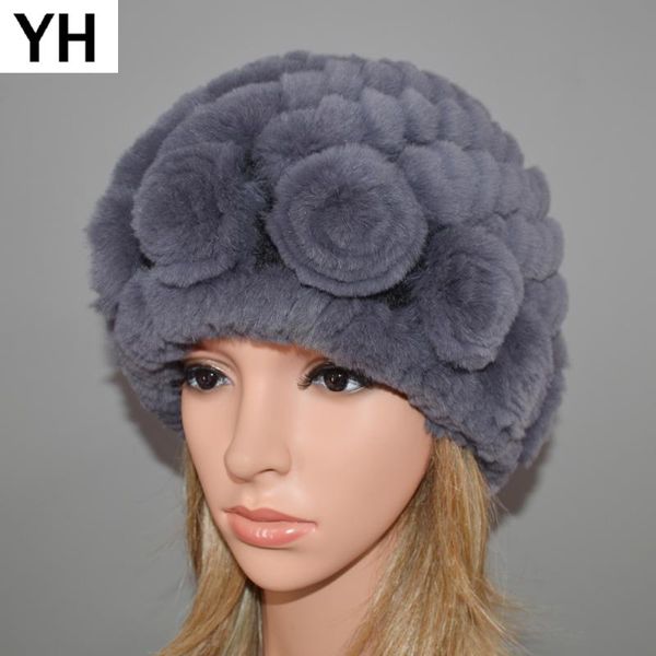 

2020 russia women natural rex fur hat winter rex fur beanies hats knitted real skullies cap, Blue;gray
