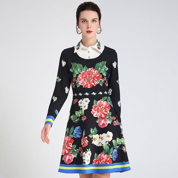 

805 2020 summer a line long sleeve dress prom fashion lapel neck flora print above knee brand same style yimi, Black