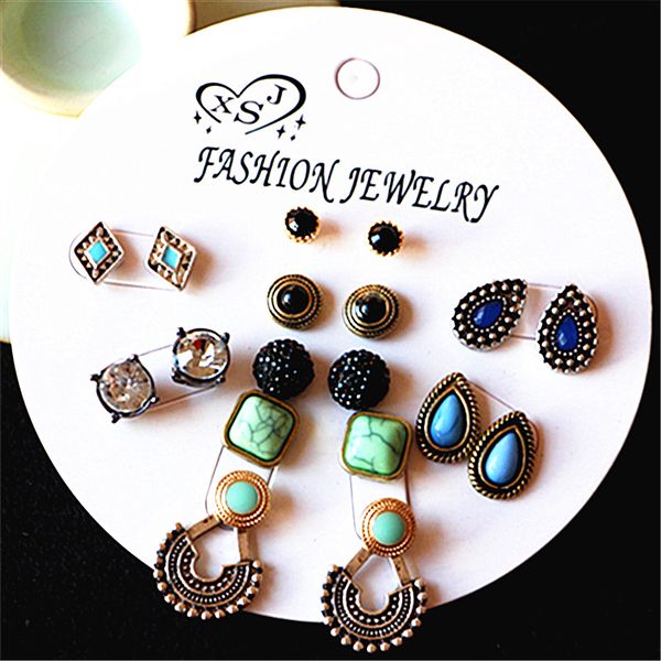 

stud fashion women jewelry girl party pearl earrings beautiful bohemian style mixed 9 pairs /set gift, Golden;silver