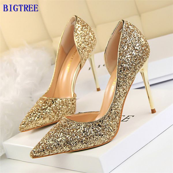 

bigtree women pumps bling high heels women pumps glitter high heel shoes woman wedding shoes gold silver, Black