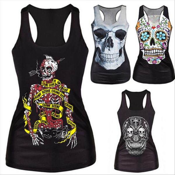 

women tank black vest 3d print ribs skull bone knitted horror tank top, White