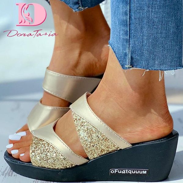 

doratasia 2020 new fashion women slides med heel wedges platform patchwork summer outside women slippers, Black