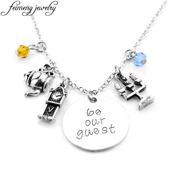 

movie necklace be our guest letter pendant handmade candelabra clock kettle crystal beads necklace jewelry, Silver