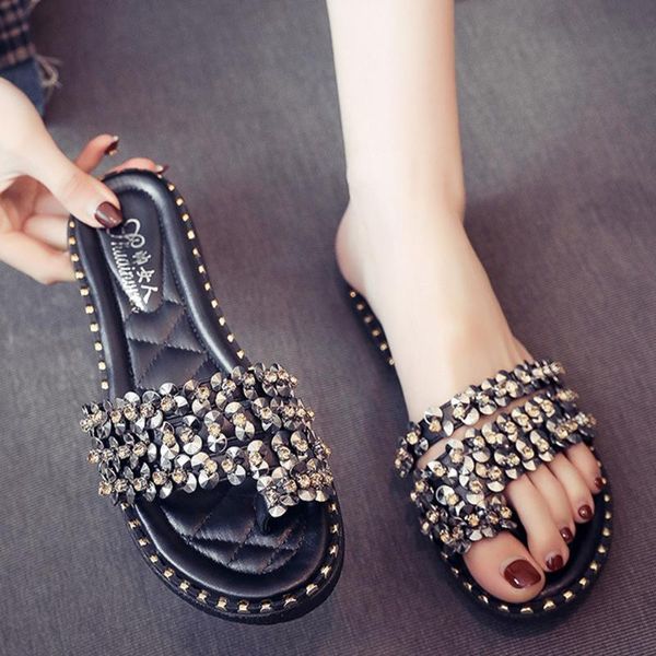 

women casual slippers crystal outdoor non-slip rubber flip flop fashionable flat bottom rhinestone clip toe home slippers#0730, Black