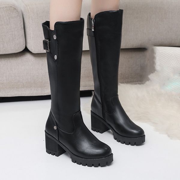 

lucyever thick plush winter warm long boots women high heels knee high boots woman pu leather waterproof non-slip botas mujer, Black