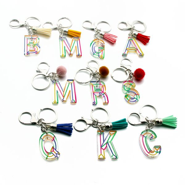 

initial letter keychains tassel car rings holder women acrylic key chains accessories fashion a-z alphabet bag pendant charms, Slivery;golden