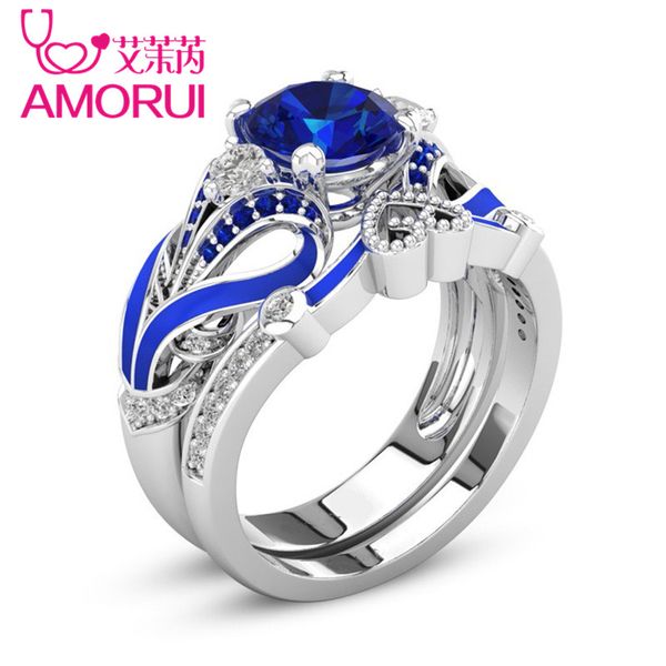 

amorui blue crystal zircon stone ring for women jewelry enamel heart set rings wedding anniversary birthday party gift dropship, Golden;silver