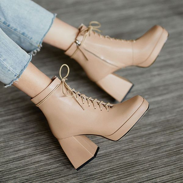 

dress shoes 2021 spring and autumn solid color thick high-heeled female fashion wild square head leather short boots x179, Black