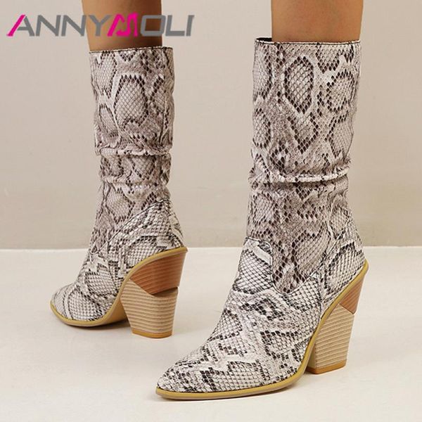 

annymoli snake print woman boots extreme high heel mid calf boots thick heel pleated pointed toe shoes ladies white 34-46, Black