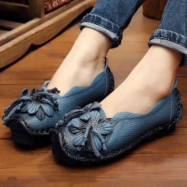 

spring women flat manual genuine leather shoes slip on mom flats folk-custom woman shoes comfortable loafers women's sy229, Black
