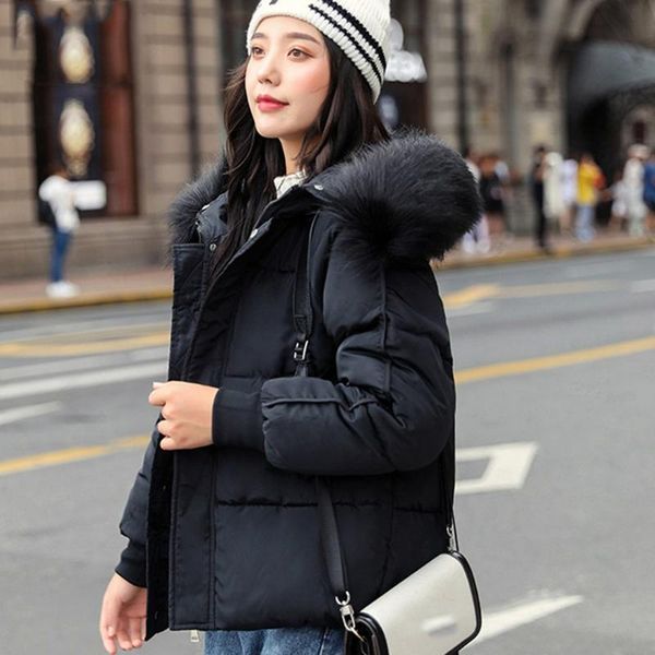 

fashion women winter warm parkas 2020 thicken loose warm coat fake fur collar hooded parkas pocket jacket female clothes fn50, Black