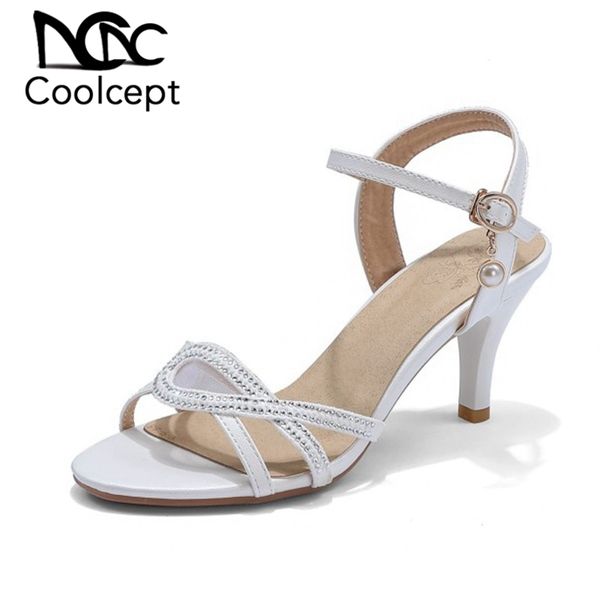 

sandals coolcept women summer shoes fashion spike high heels modern metal buckle pearls solid footwear size 31-43, Black