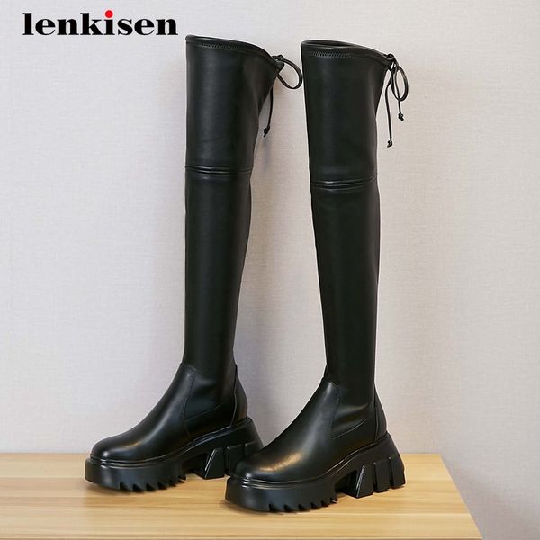

lenkisen stretch boots real cow leather korean girls modern platform round toe high heel lace up fashion over the knee boots l59, Black