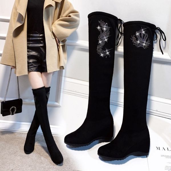 

2020 autumn and winter new ladies over-the-knee boots, women's wedge heel boots, rhinestone fashion suede women's boots, Black