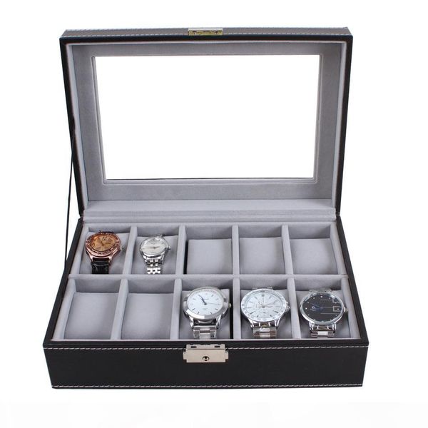 

luxury senior 10 slots display leather watchbox gray velvet case organizer holder boxes, watch boxes case display boxes factory, Black;blue