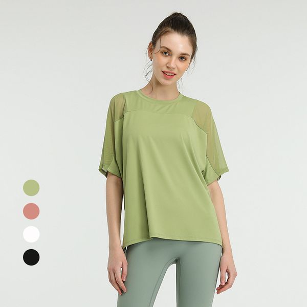 

fashion yoga shirt quick-drying stretch loose running blouse t-shirt mesh stitching sports short-sleeved fitness crop women, White;red