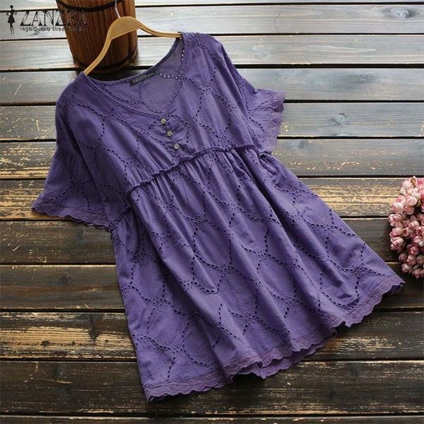 

zanzea fashion embroidery blouses women tunic 2020 vintage short sleeve shirts female v neck pleated blusas female s-5xl, White