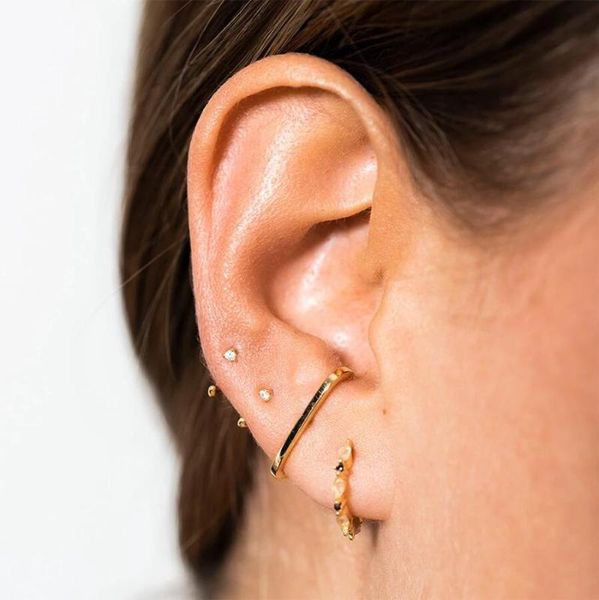 

minimal delicate 925 sterling silver multi piercing earrings colorful round birthstone cz minimalist small huggie hoop earring, Golden;silver