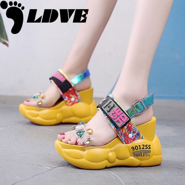 

2020 summer women sandals fashion transparent diamond wedge sandal rhinestone high heels chunky platform shoes woman, Black