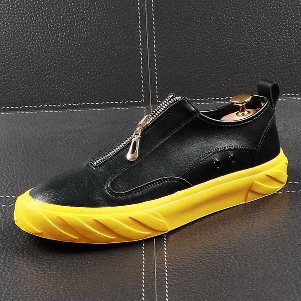 

cuddlyiipanda men fashion casual shoes summer leather front zipper loafers youth trend breathable sneakers zapatos de hombre, Black