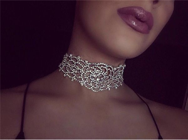 

bling choker necklace with full rhinestones gold silver chain punk wide collar necklace gift for women 2 colors 6 pcs, Golden;silver