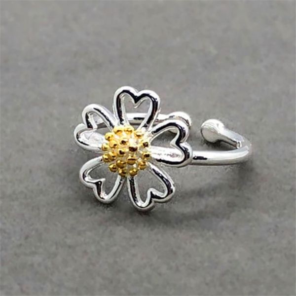 

new promotion ethnic plant hollow flower golden cute daisy opening adjustable ring 925 sterling silver jewelry for women female, Golden;silver