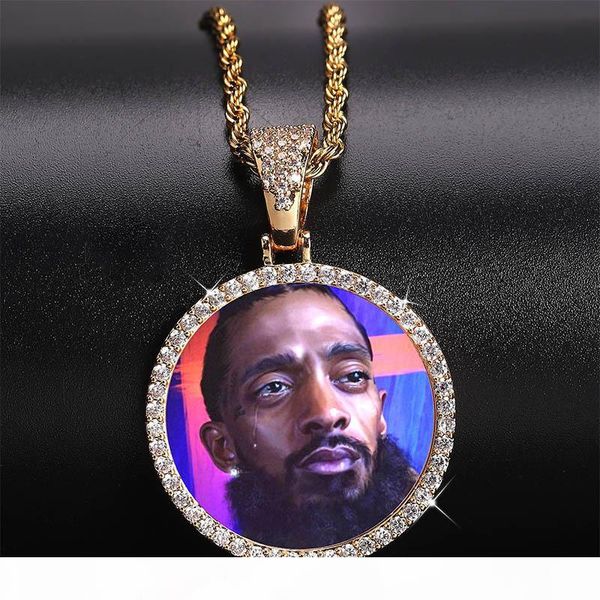 

customized ps pendant necklaces jewelry fashion 18k gold plated circle memory pendant necklace bling zircon paved hip hop necklaces, Silver