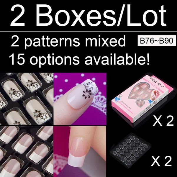 

false nails 2 boxes per package 24 pieces of press on nail art tips with adhesive 10 sizes diy fake b76~b90, Red;gold