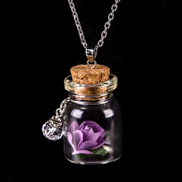 

glass wishing pendant necklace glowing bottle rose flower necklace glow in the dark for women girl charm jewelry gift, Silver
