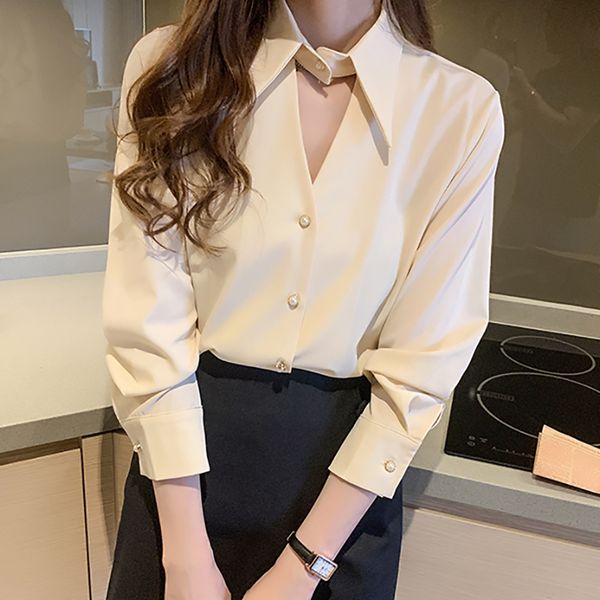 

hole turn-down collar red shirt women chiffon blouse long sleeve 2020 new button casual autumn korean clothes womens shirts, White