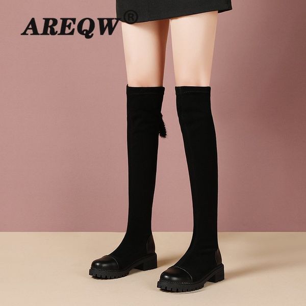 

women stretch boots flats winter shoes woman warm over knee boot new fashion party lady daily footwear, Black