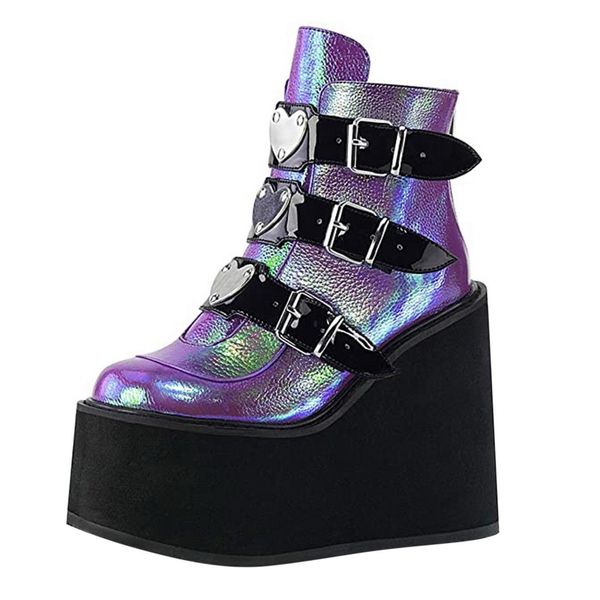 

metal buckle ankel boot women black white punk female platform boot women wedge high heel wedge