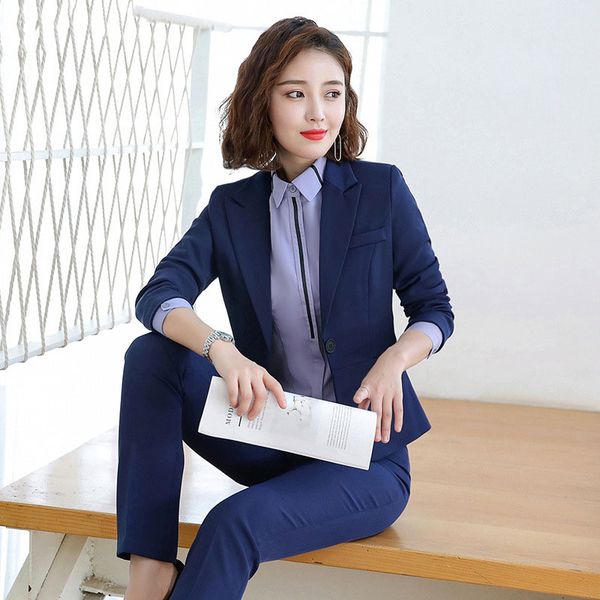 

women's office lady two pieces sets solid color elegant single buckle turn-down collar woman blazers & trousers plus size, White