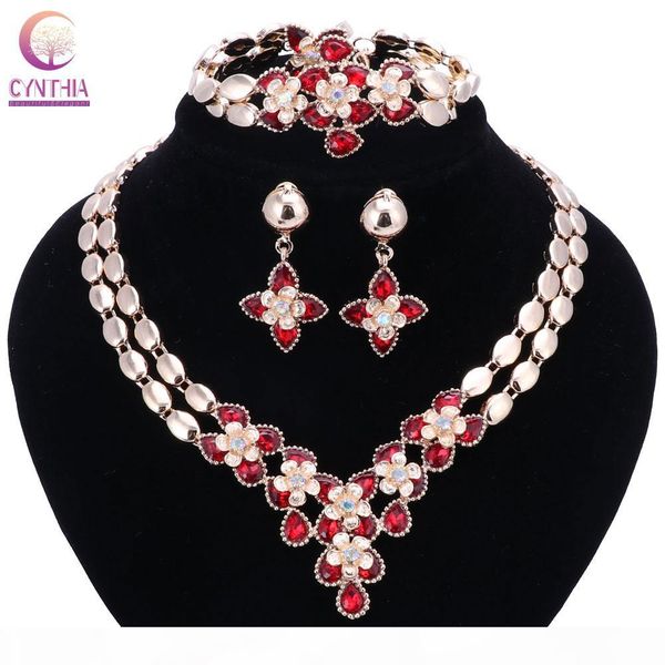 

flower jewelry set gold colour goldenrhinestone french romantic bracelet earrings necklace set for women sell, Black