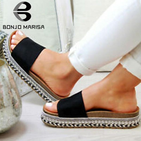 

bonjomarisa new unique casual summer flat fashion decorating platform slippers women summer comfy wedges shoes woman, Black