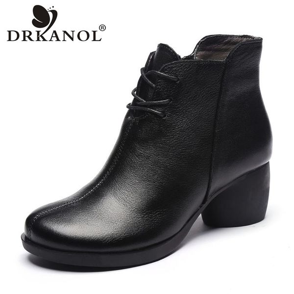 

drkanol new handmade women boots retro genuine leather ankle boots for women winter warm shoes round toe thick heel female, Black