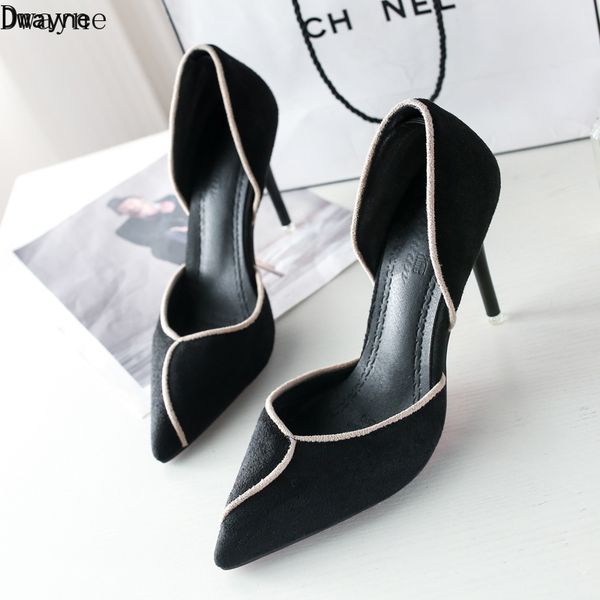 

2020 new women's single shoes korean fashion pointed hollow high heels summer suede casual work shoes, Black