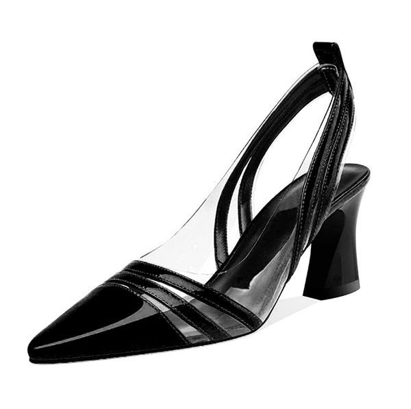 

lihuamao women sandals high heel shoes slingback pumps pointed toe party ladies dress shoes transparent square heel sandals, Black