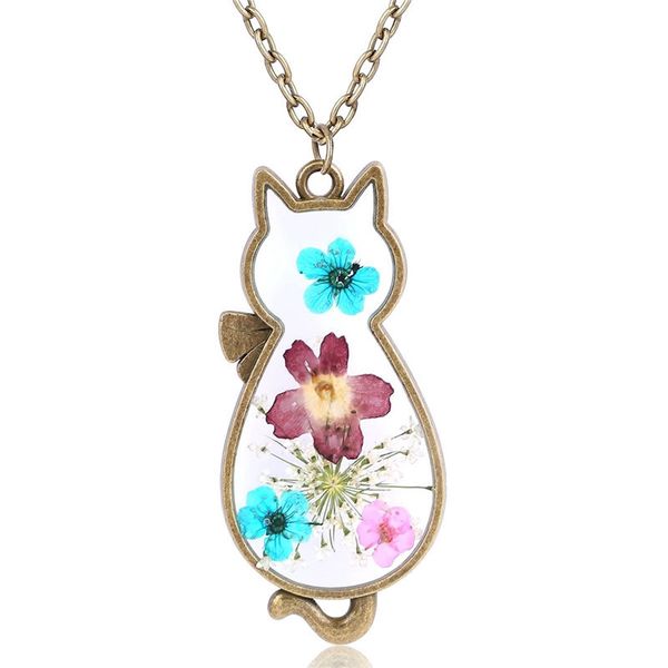 

new fashion natural dried flowers pendant necklace handmade cat glass bottle necklace children girl jewelry gift, purple yellow, Silver