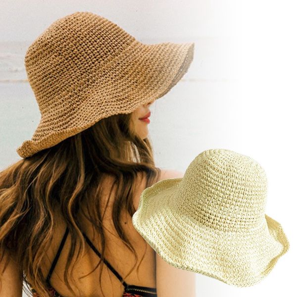 

women summer hats sun beach panama straw hat wide wave brim folded outdoor leisure holiday raffia cap visors hat, Blue;gray