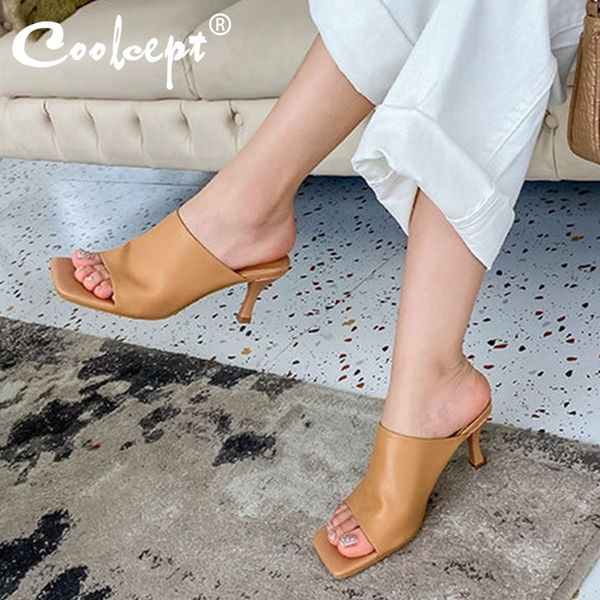 

coolcept women shoes sandals thin heel open toe shoes simple outdoor ladies footwear slides female slip on size 35-39, Black