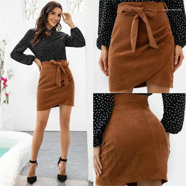 

color with bow belt casual skirts irregular side press one step skirts womens designer skirts brown, Black
