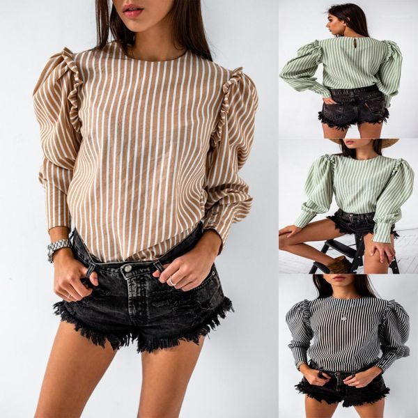 

рукав tshirt crew neck свободные весна осень тройники famale повседневная одежда женщины полосатый фонариков, White