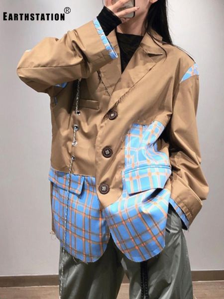 

heavy chain chain contrast stitching plaid burr blazer ladies autumn and winter new fashion personality loose, White;black