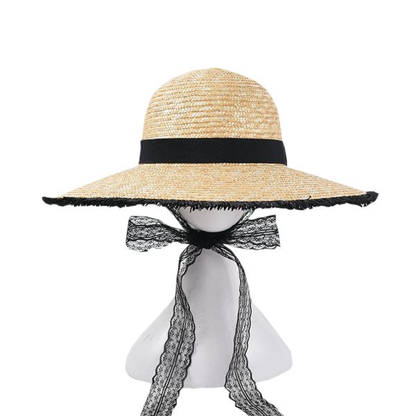

handmade narural straw hat women wide brim long lace ribbon summer beach hats vacation outdoor uv protection round sun hat, Blue;gray