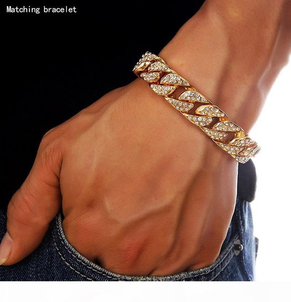 

24k solid gold plated miami cuban link chain shiny diamond bracelets hip hop bling jewelry hipster men wristband bangle, Black