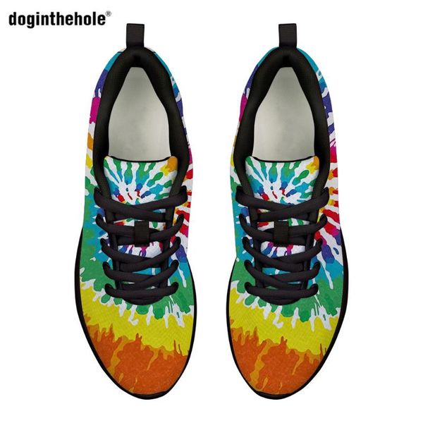 

doginthehole colorful tie dye design casual flats shoes for women lace up breathable sneakers brand designer ladies mesh loafers, Black